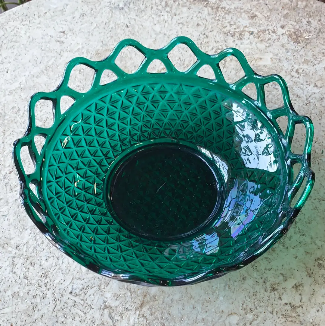 Emerald Green Glass Open Basket Weave Style Serving Bowl 1