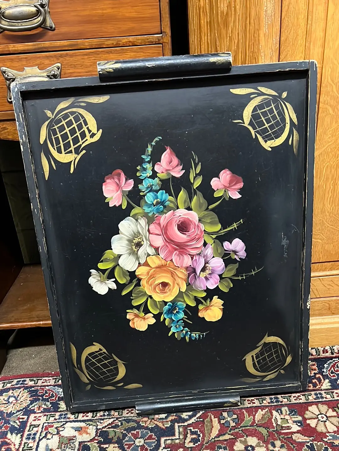 Large Rectangular Floral Painted Black Tray 1