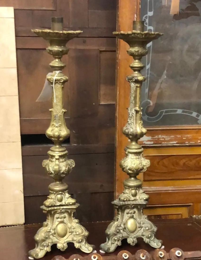 Pair Of Tall Bronze Church Pricketts 1