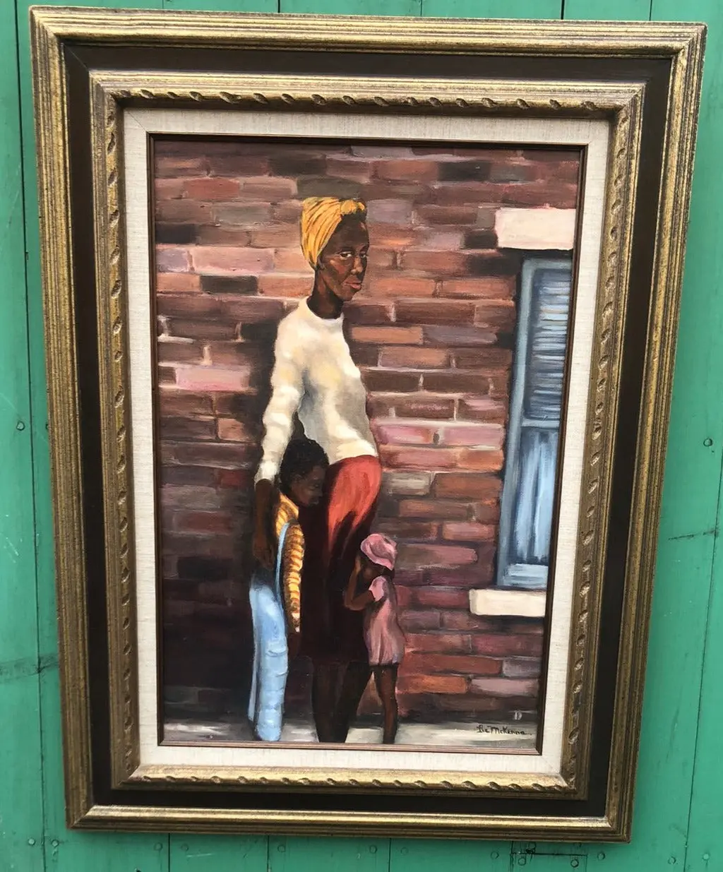 Vertical Oi Painting Of A Black Woman And 2 Children Signed Lee Mckenna 1