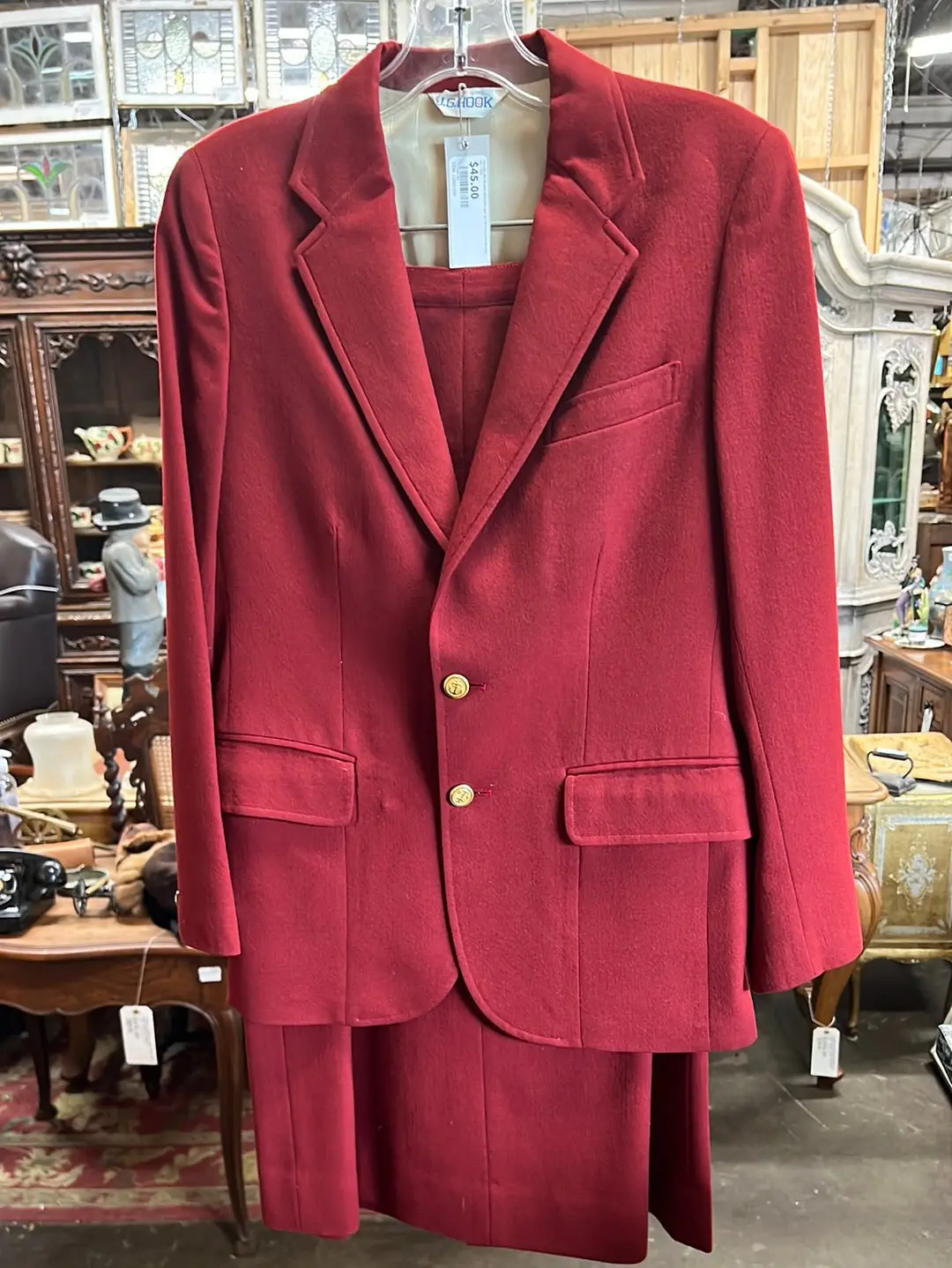 Vintage Red Blazer And Skirt Suit Set With Golden Anchor Buttons 1