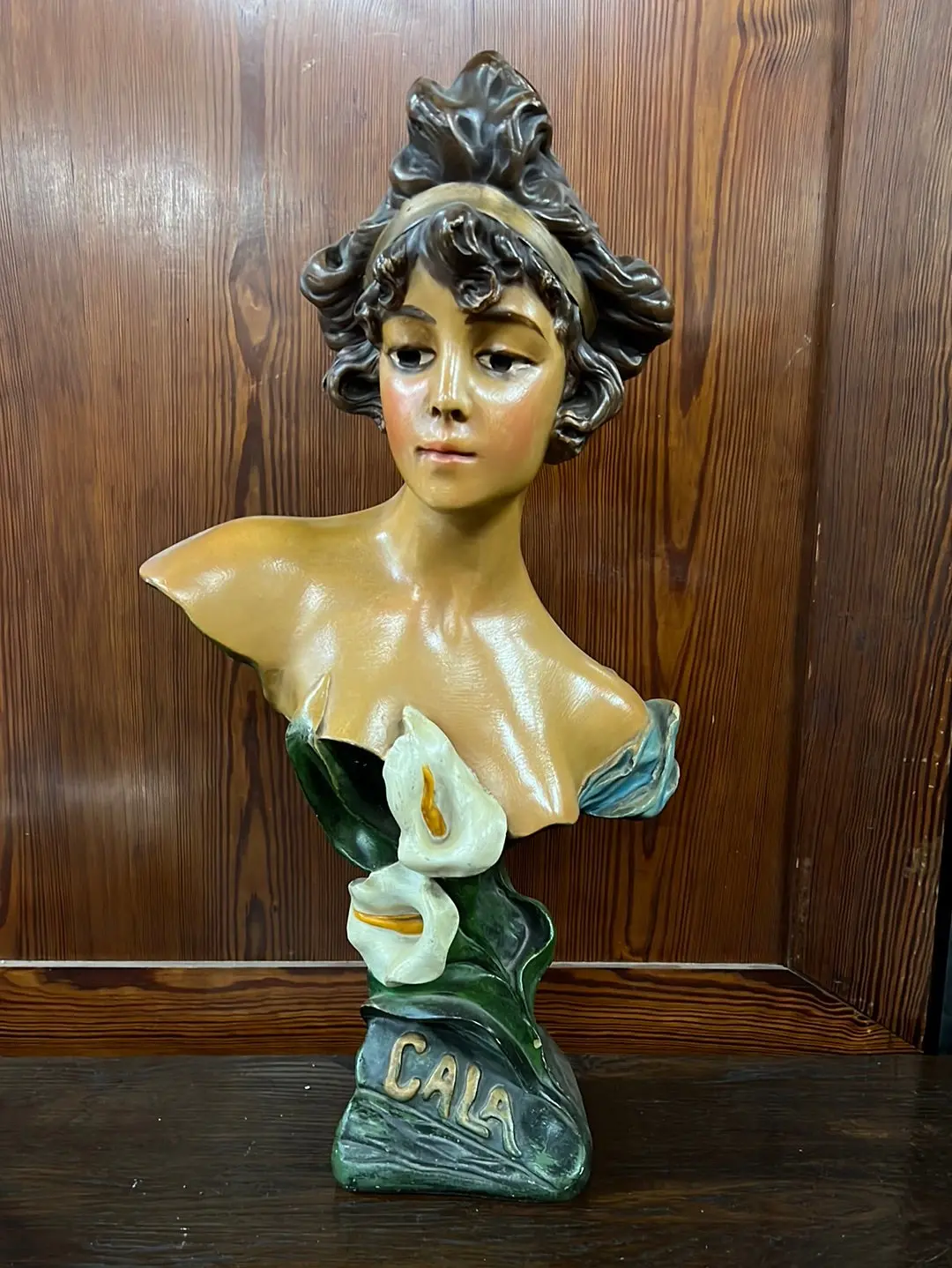 Tall Chaulk Bust Of Young Woman With Flowers 1