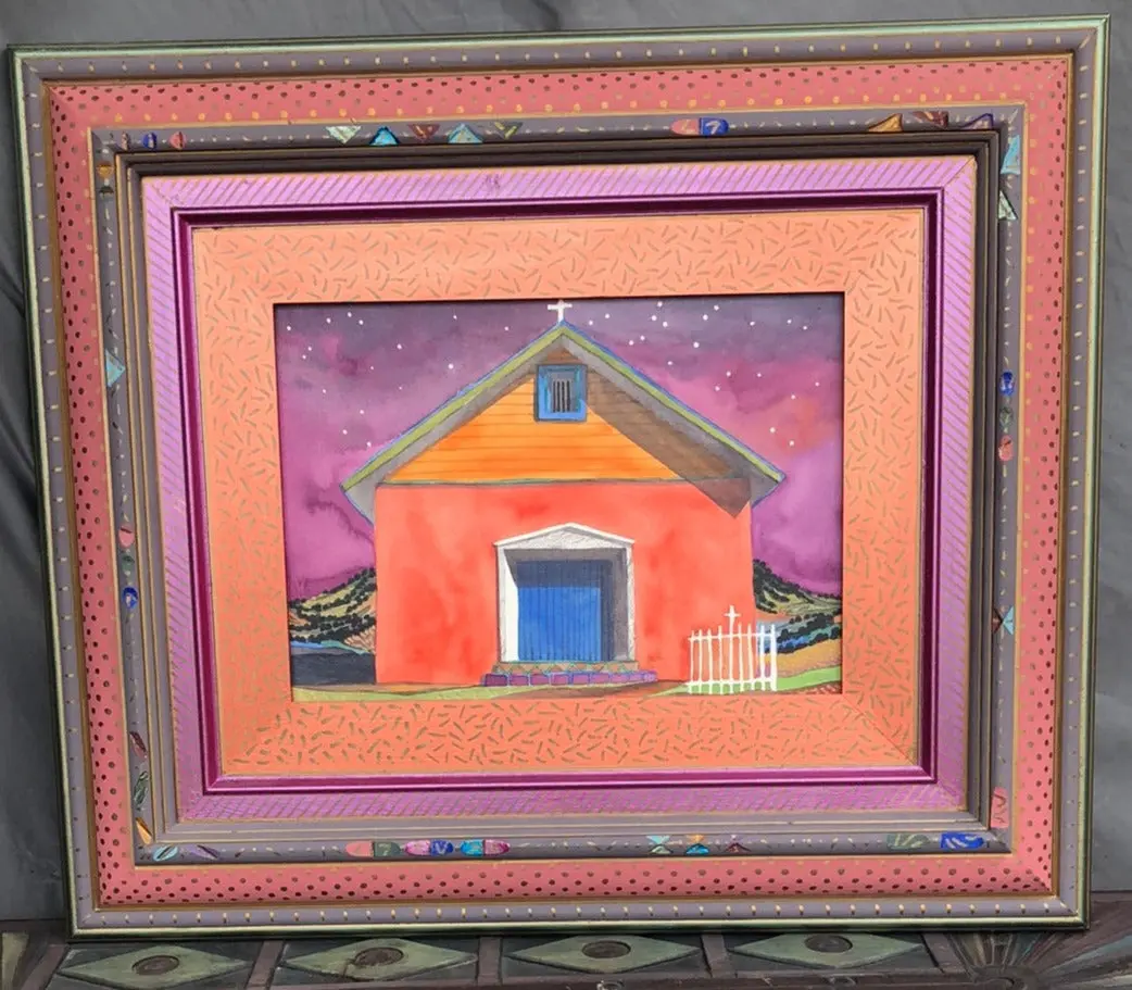 New Mexico Colorful Church Painting Signed Larsen 1