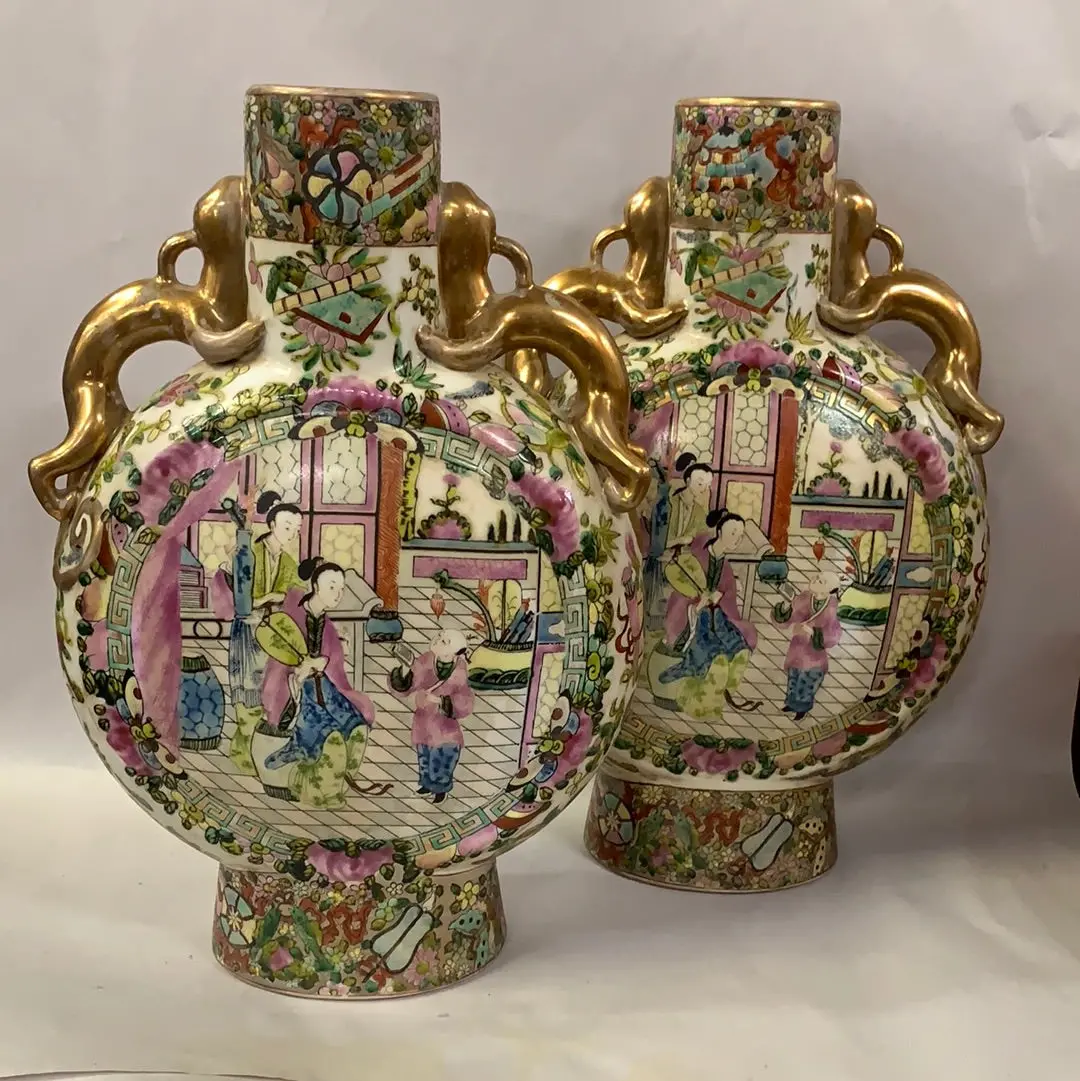 Pair Of Famille Rose Vases With Narrow Necks 1