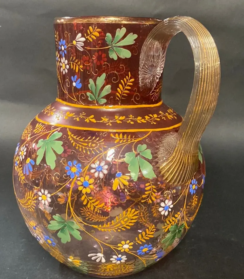 Enameled Hand Blown Floral Pitcher 1
