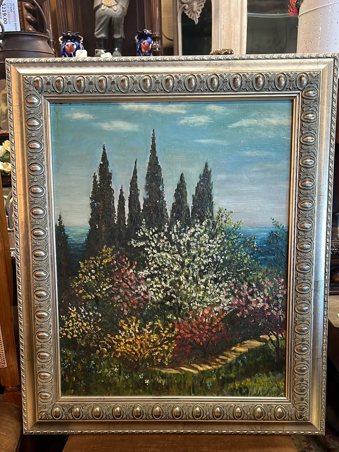 Colorful Landscape Painting With Tall Trees And Pathway In Silver Frame - As Found 1