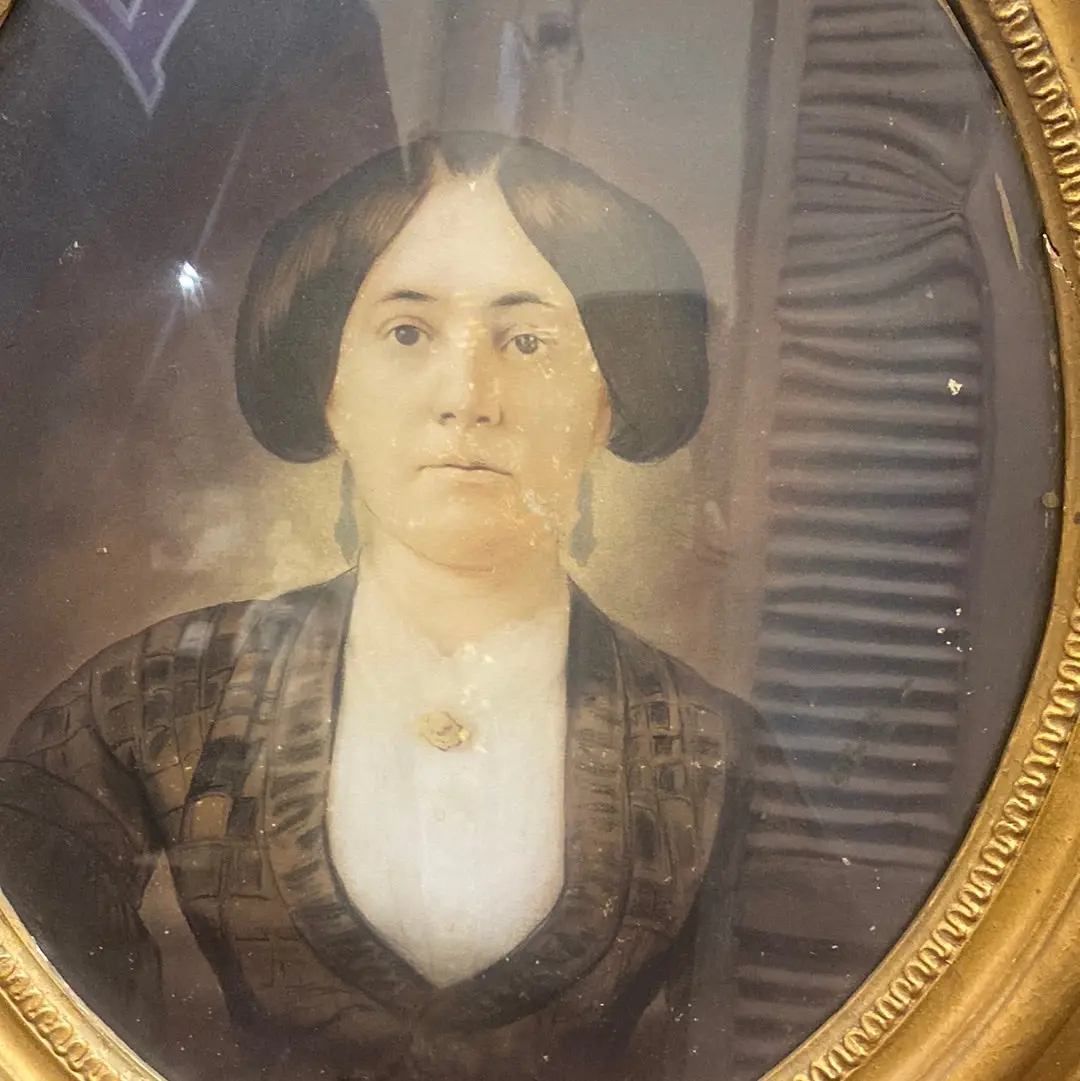 1840'S Watercolor Of Lady In Gold Oval Frame 1