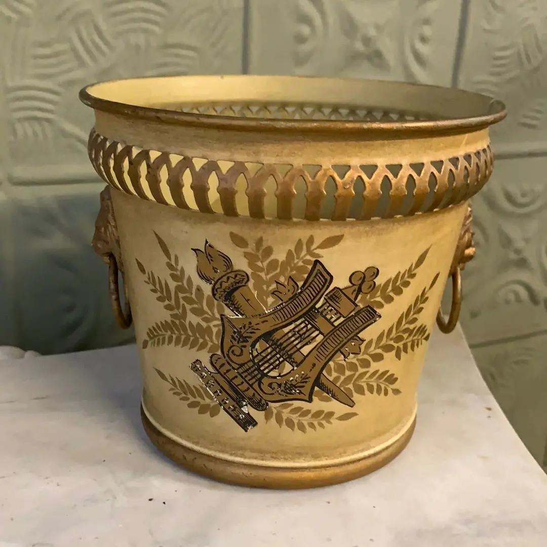 Small Golden Yellow French Tole Planter With Lion Heads 1
