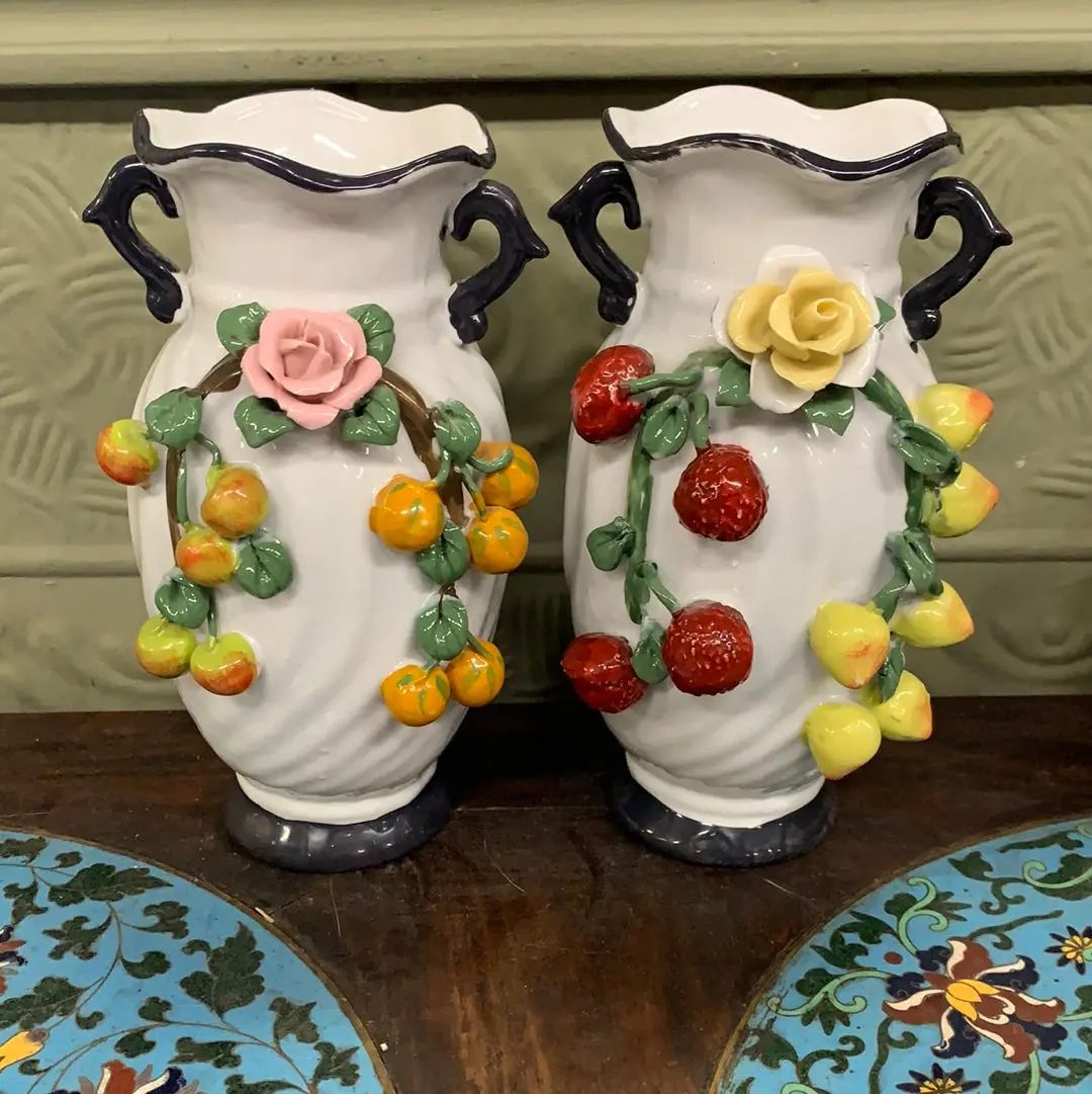 Pair Of Ceramic Hand Painted Vases With Floral And Fruit 1