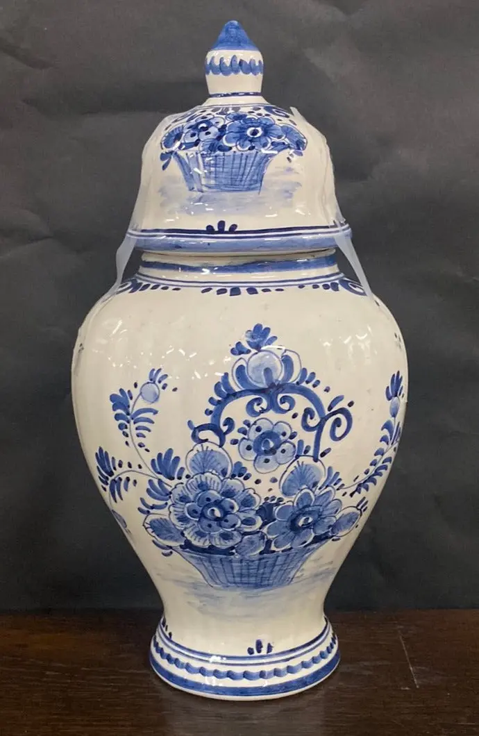 Medium Lidded Delft Urn With Flower Basket 1