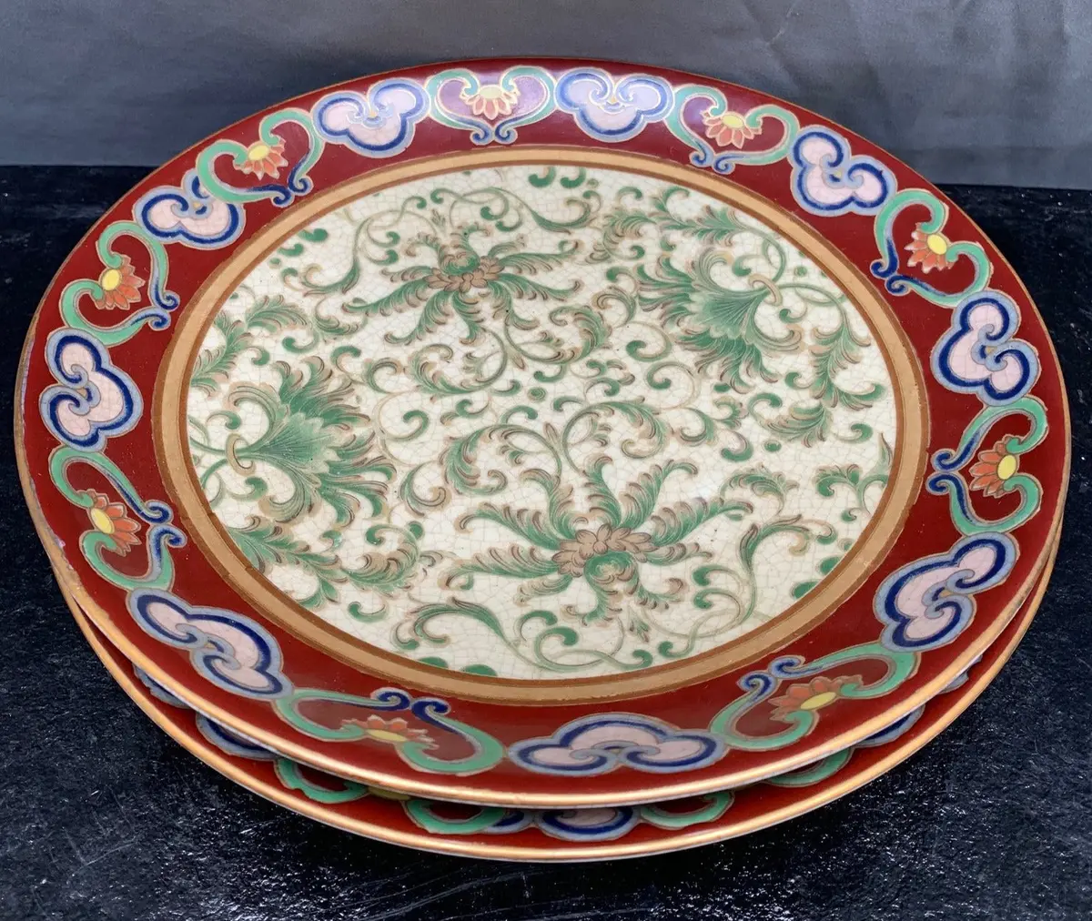Pair Of Red And Green Foliate Crackled Plates 1