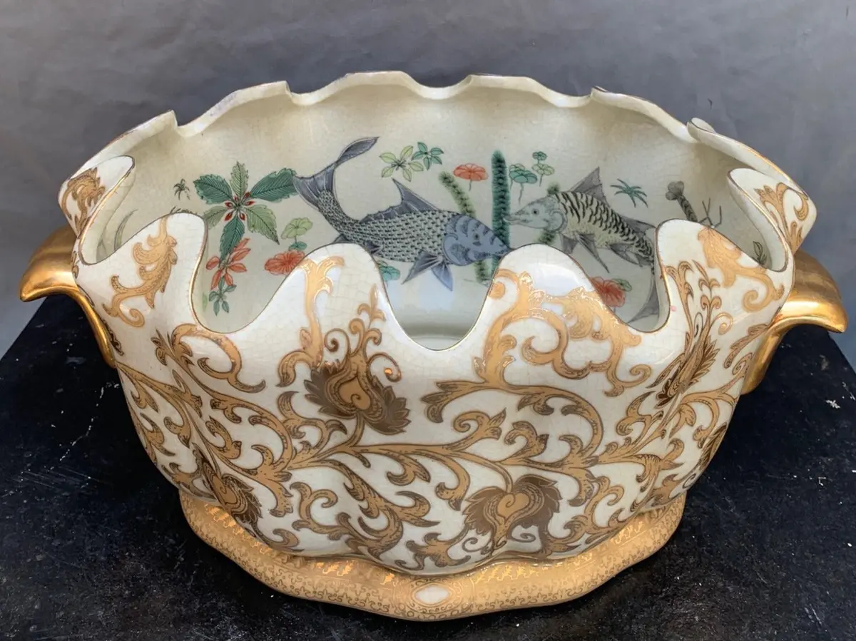 Not Old Oblong Large Porcelain Center Bowl With Koi Painting 1