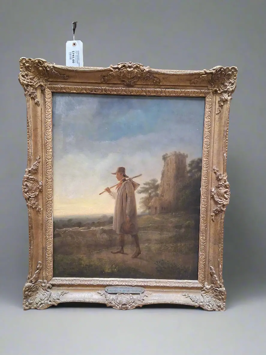 Small Gilt Framed Oil Painting On Board "The Shepard" Signed Julius Caesar Ibertson 1