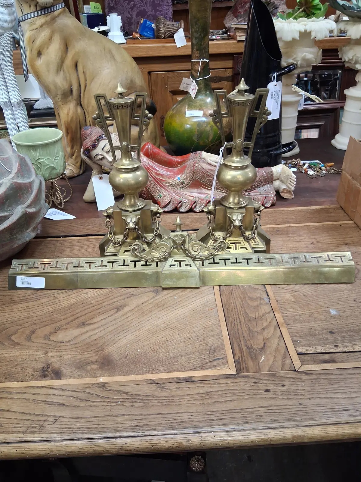 Ornated Brass Andiron Set With Lions 1