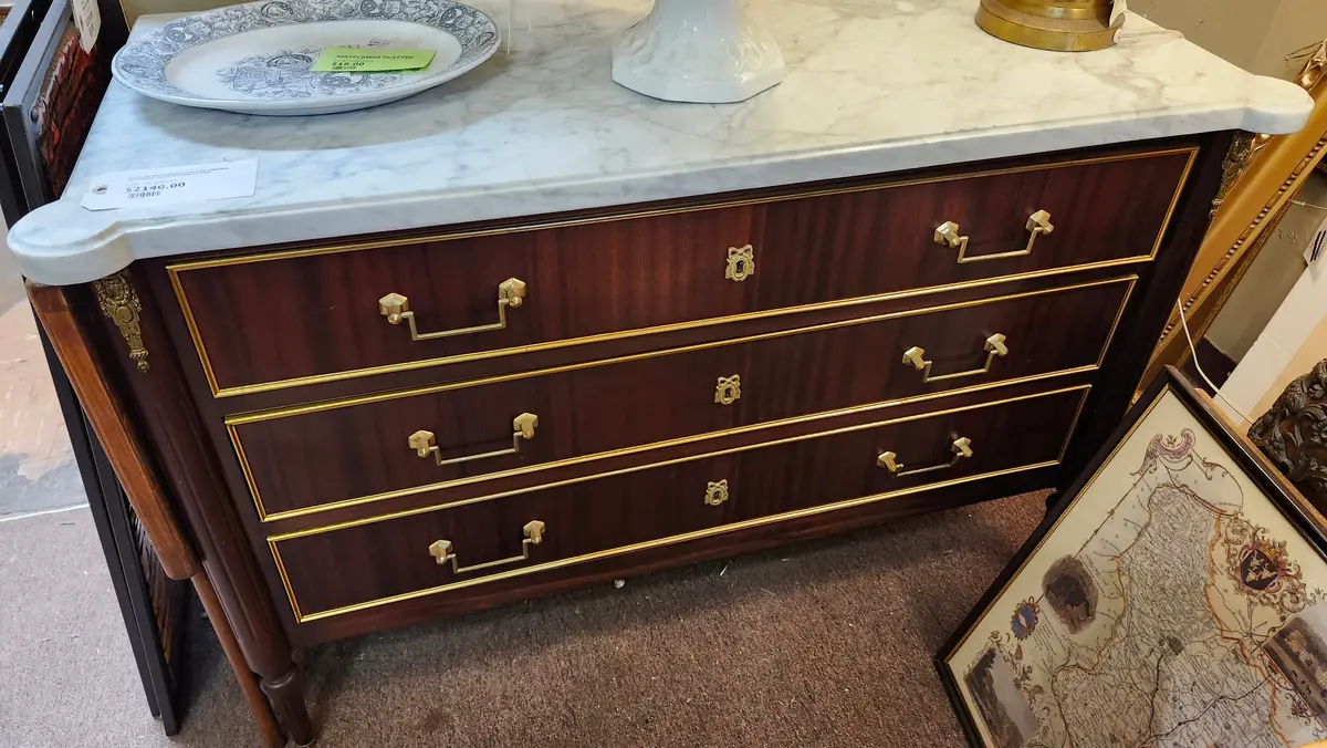 Louis Xvi White Marble Top Low 3 Drawer Mahogany Chest With Brass Trim 1