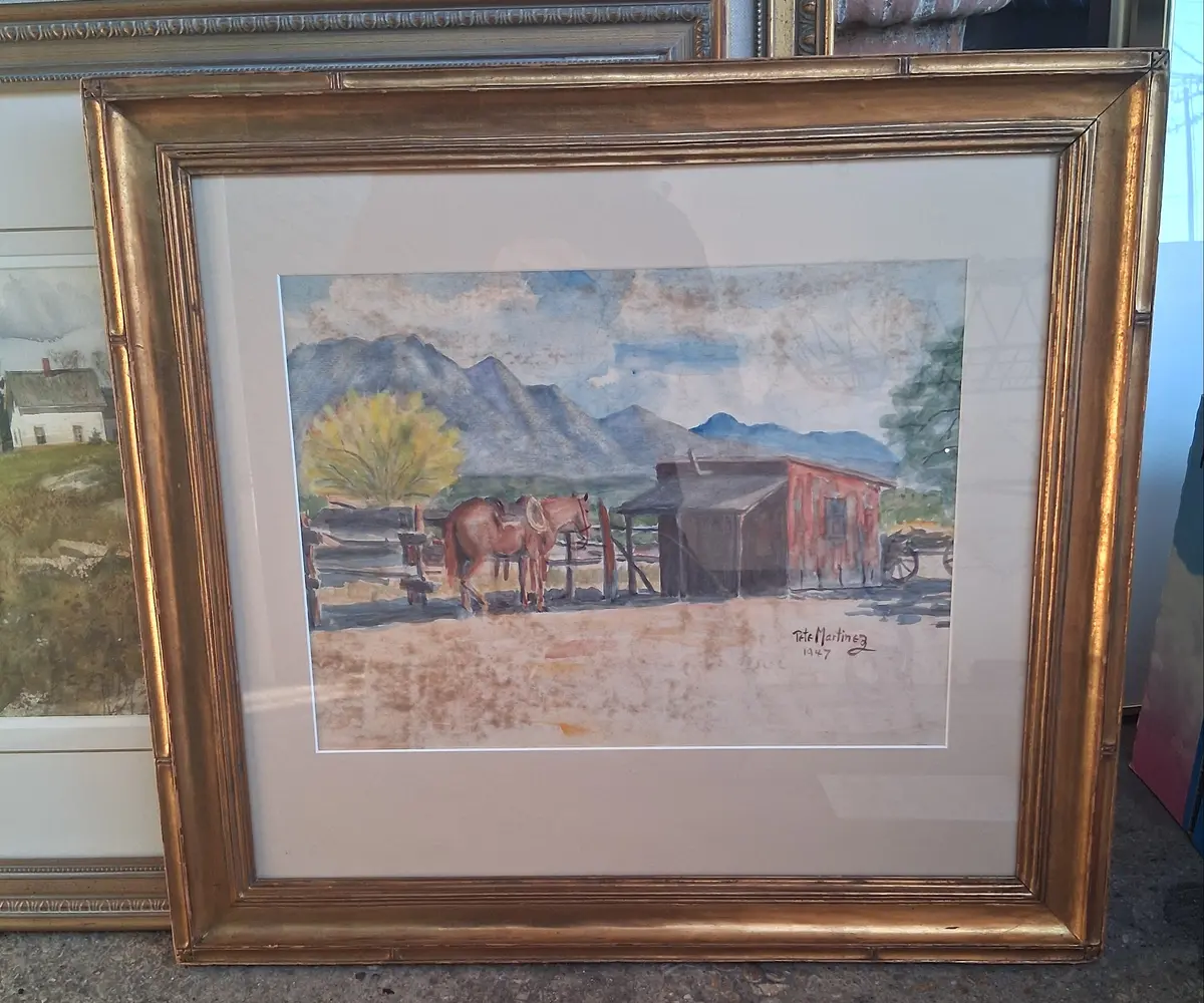 Framed Water Color Of A Horse And Red Wood Shack Signed Pete Martinez-As Found 1