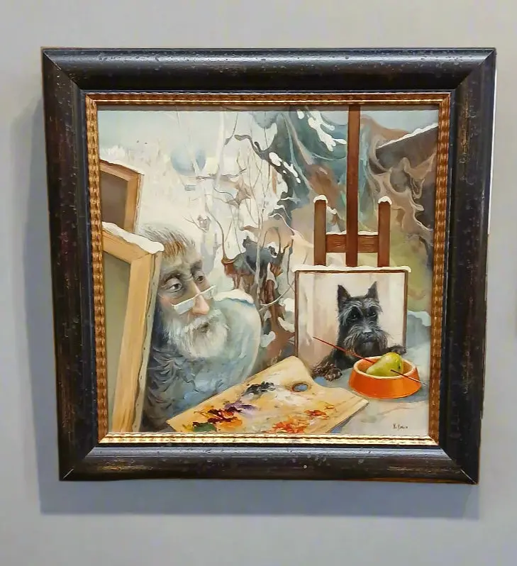 -Framed Oil Painting Of An Artist Looking At His Scottie Painting 1