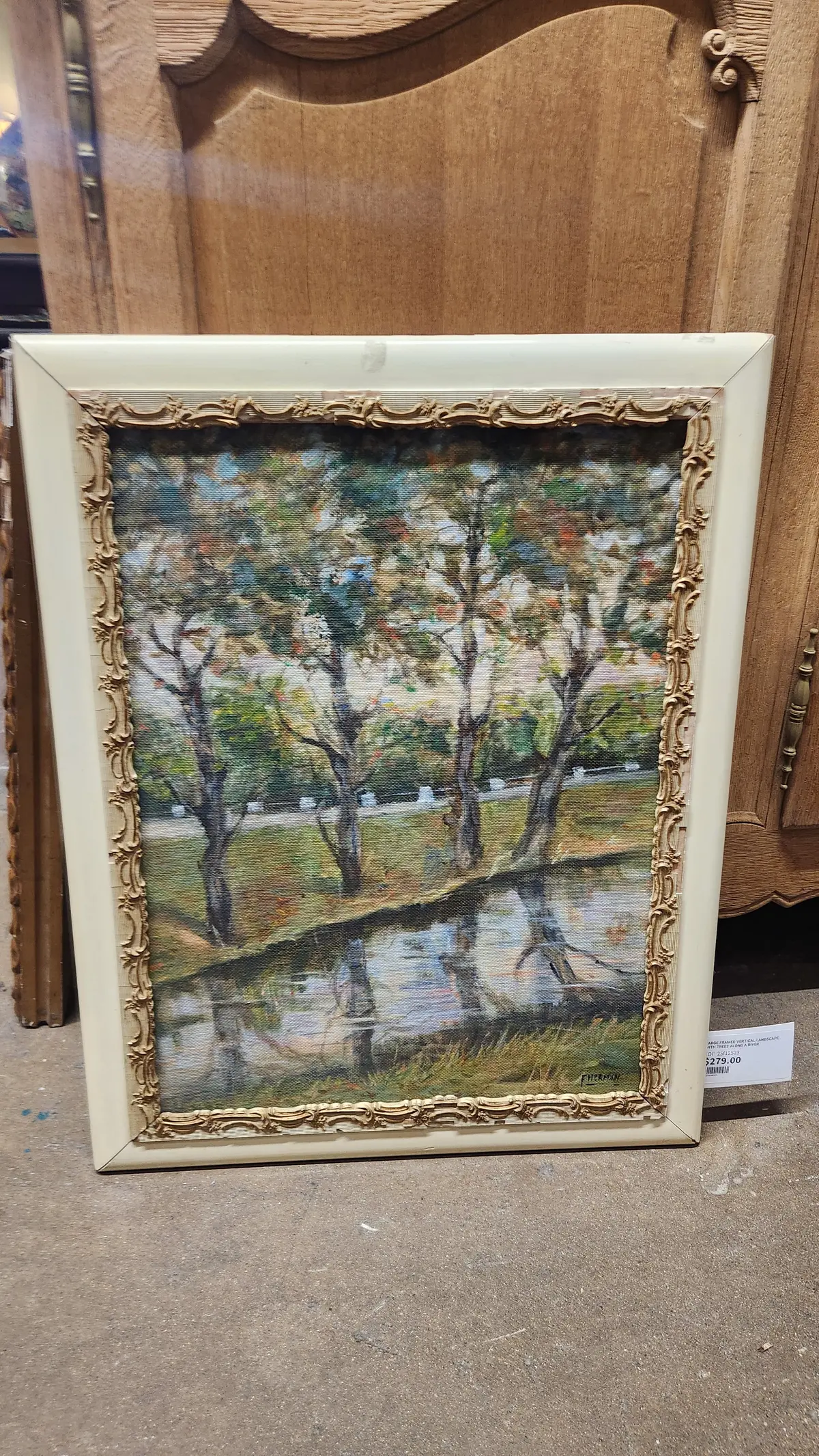 Large Framed Vertical Landscape With Trees Alond A River Painting 1