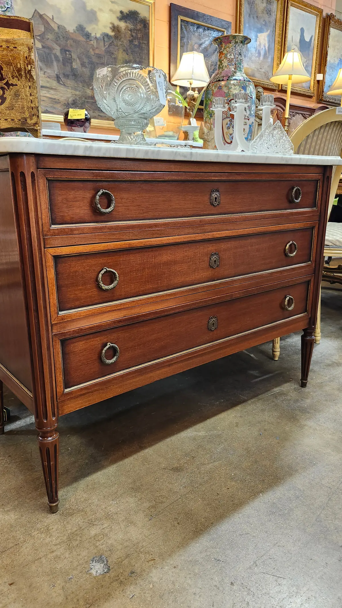 Vintage Louis Xvi Mahogany White Marble Top Chest 1