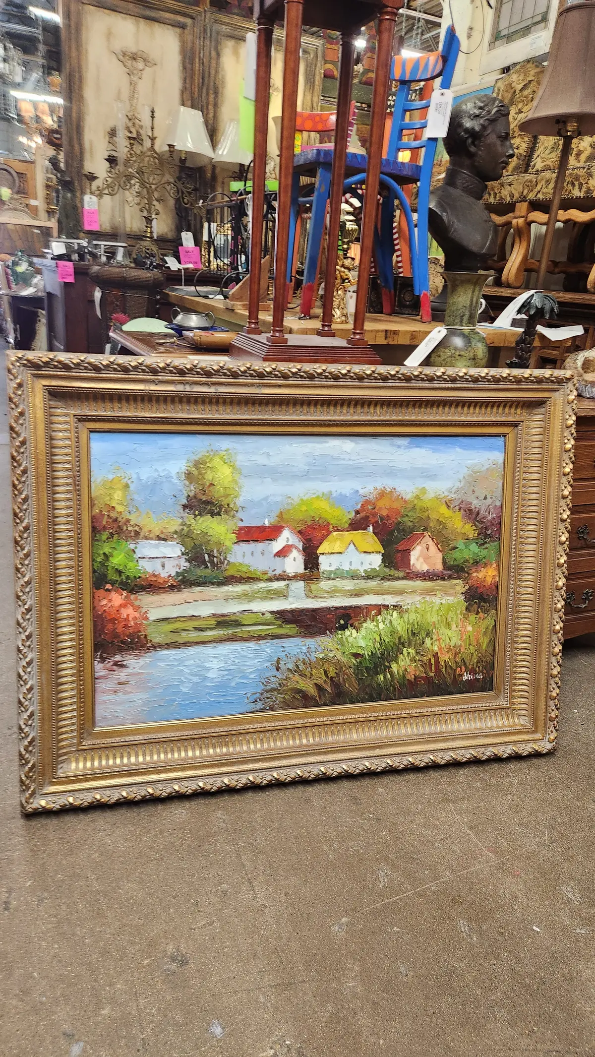 Large Framed Rural Village Oil Painting On Canvas, Signed 1