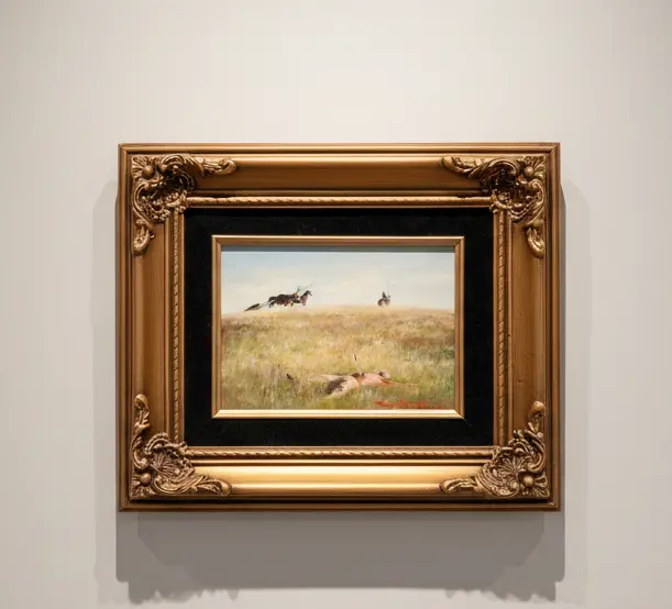 Small Framed Oil Painting On Board Of Indians Kill A White Man Signed Sherry Herrington Circa 1993 1
