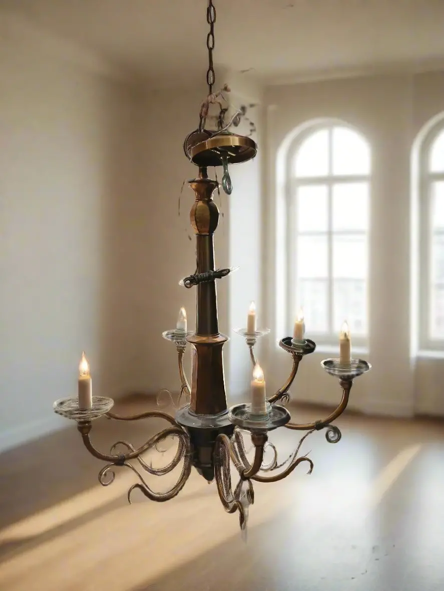 Heavy Brass And Copper Chandelier-Shades Missing 1