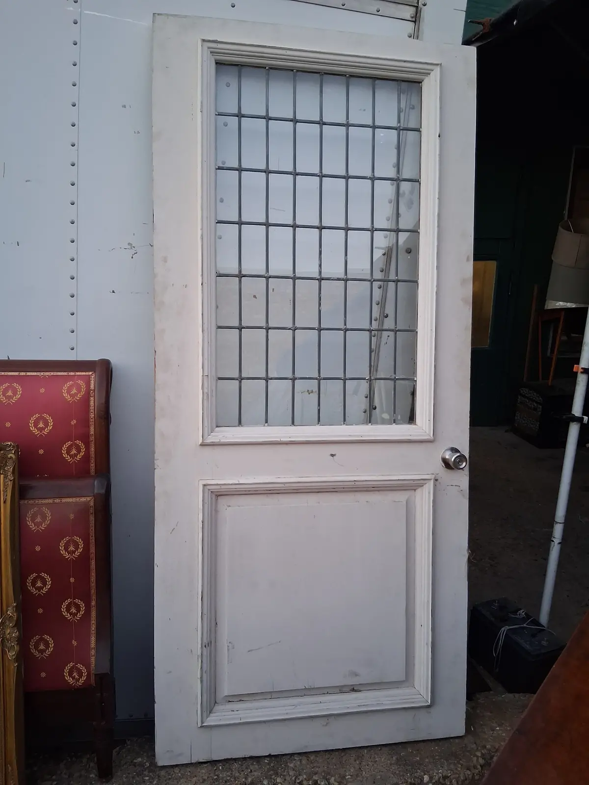 Antique Painted Solid Wood Door With Leaded Glass Window 1