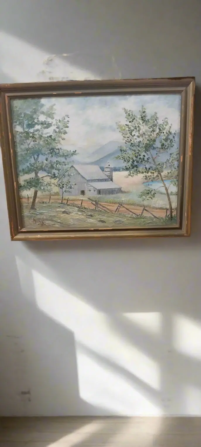 Framed Oil Painting Of A Blue Barn 1
