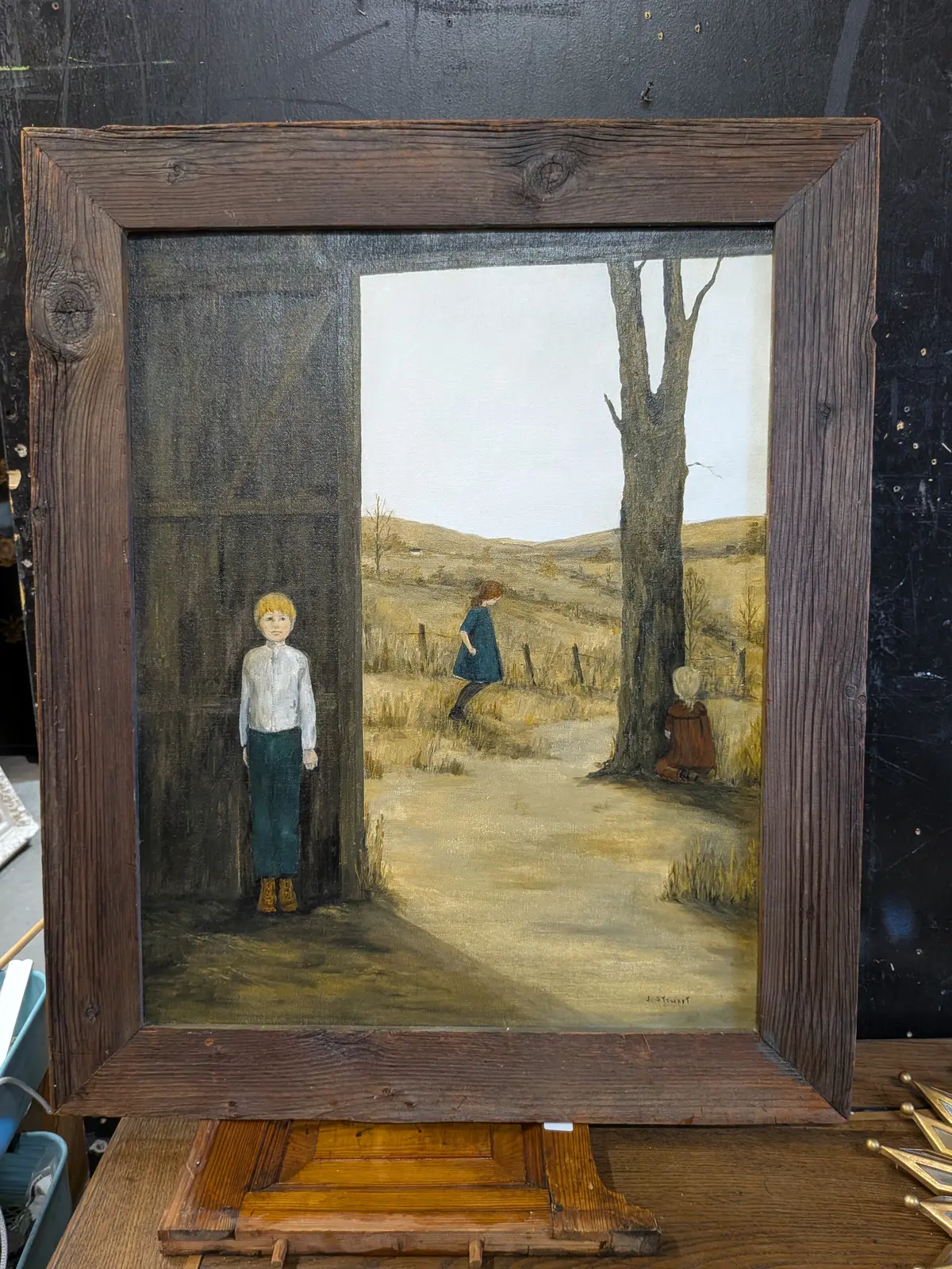 Framed Folk Art Oil Paintimg "Hide And Go Seek" Signed Jay Stewart 1916 -2018 1