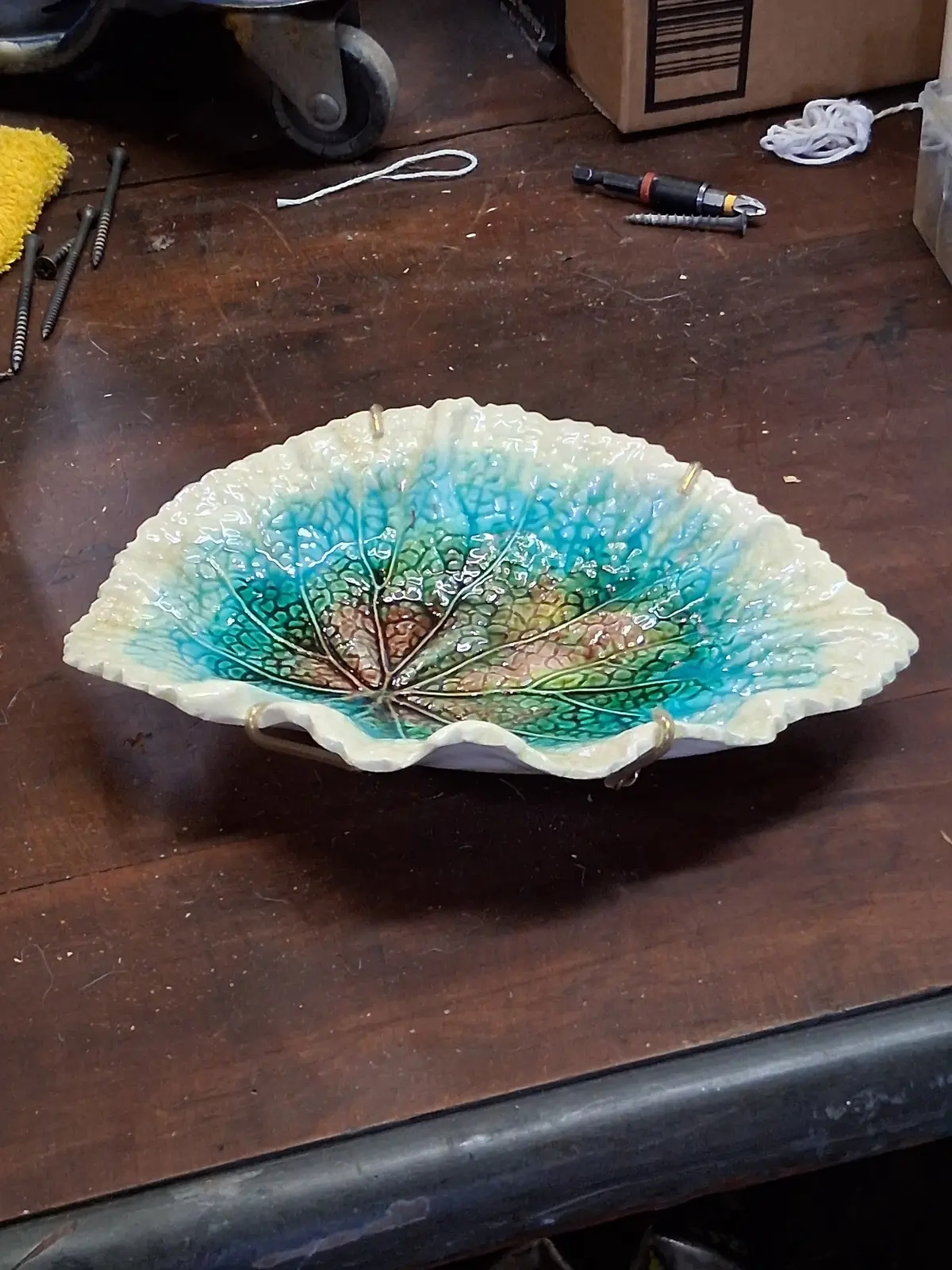 Majolica Blue And Brown Leaf Dish 1