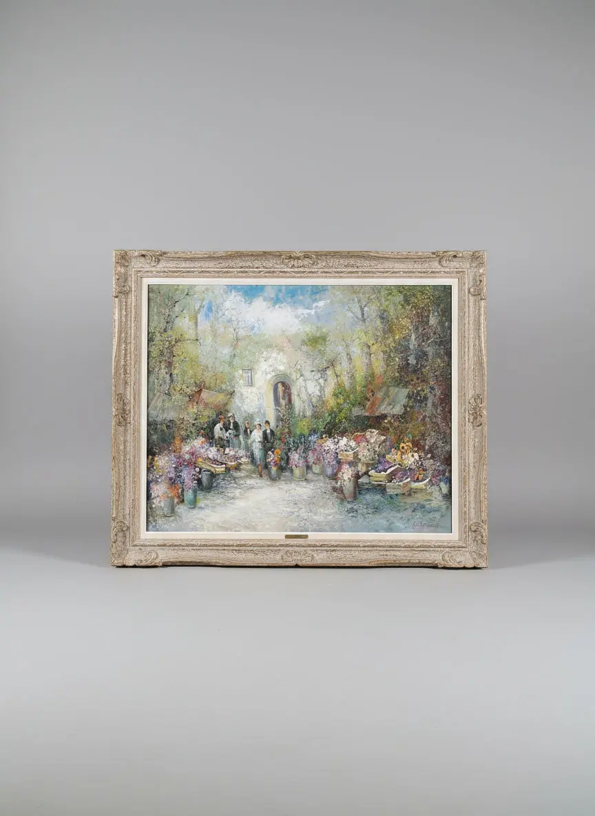 Large Framed German Impressionist Oil Painting Of A Flower Market- Signed Will Bauer 1