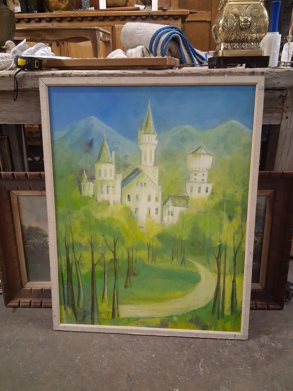 Framed Castle Painting In Green Hues 1