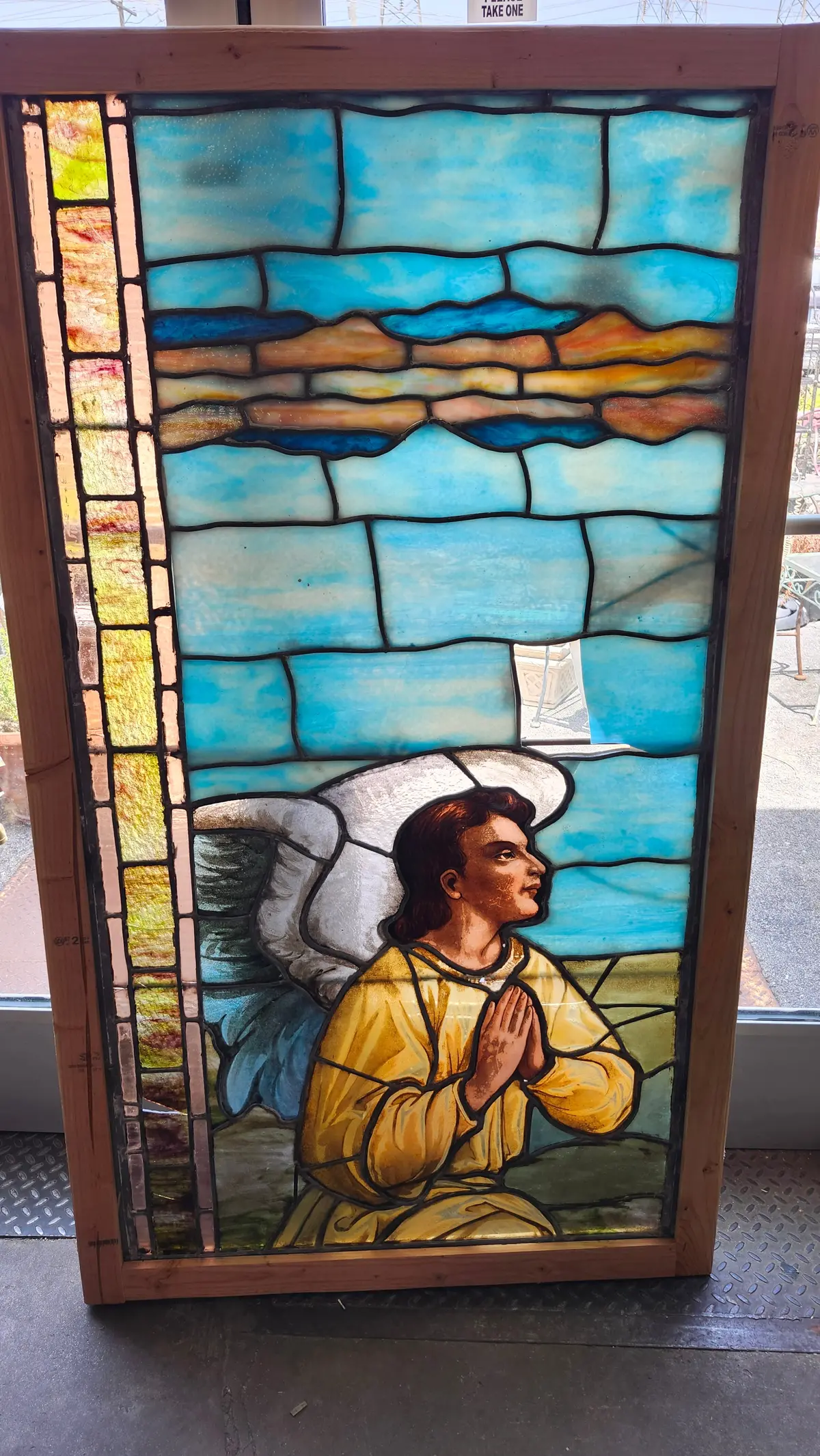 Large Painted And Stained Glass Window With Angel As Found 1