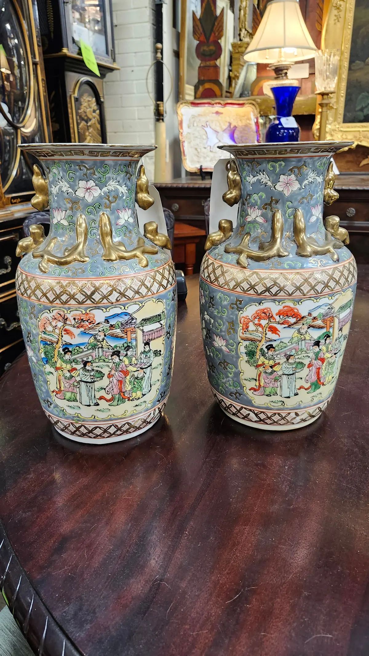 Pair Of Rose Famille Vases Teal, Orange And Gold 1