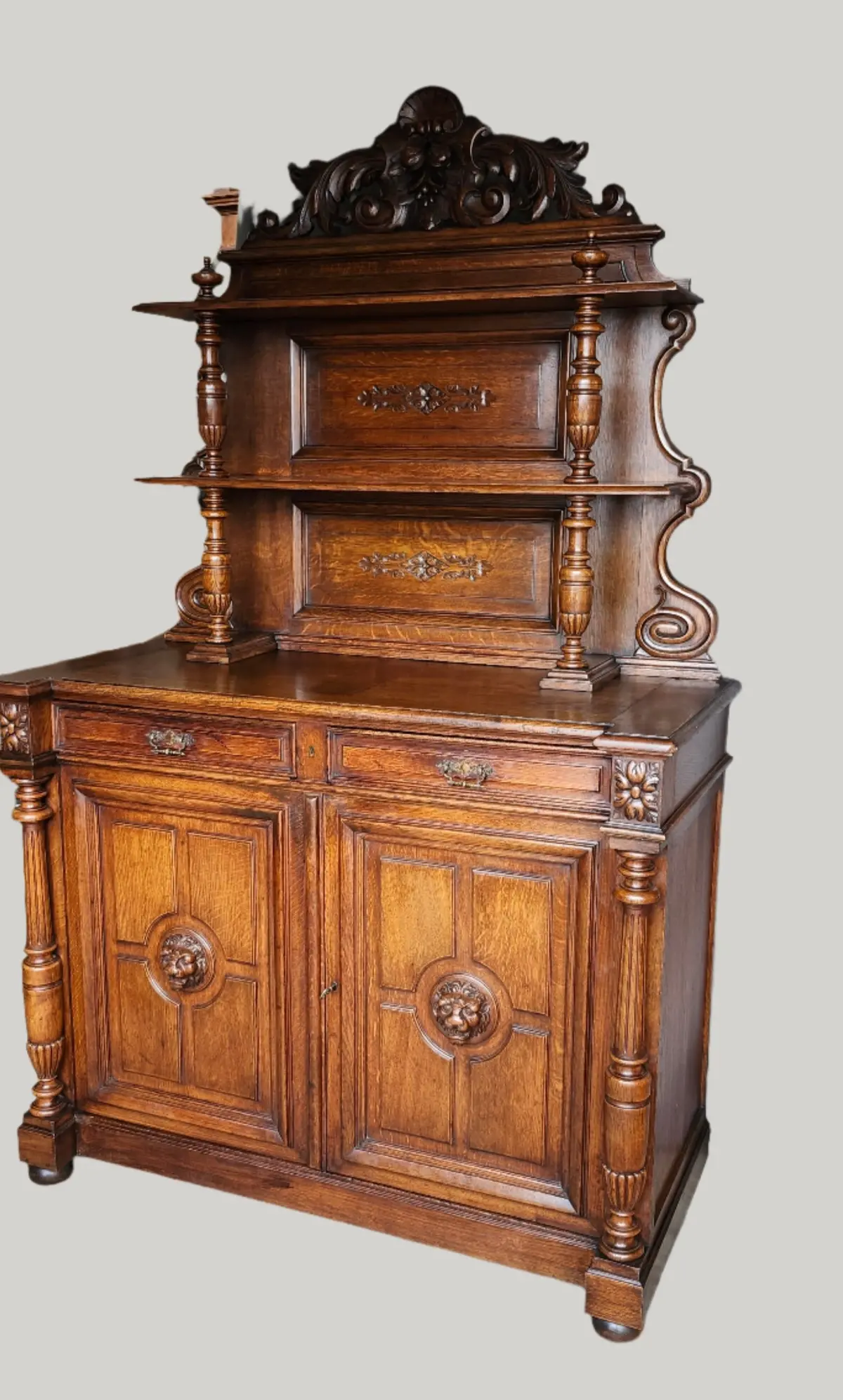 Restored European Carved Oak Server With Lion Heads 1