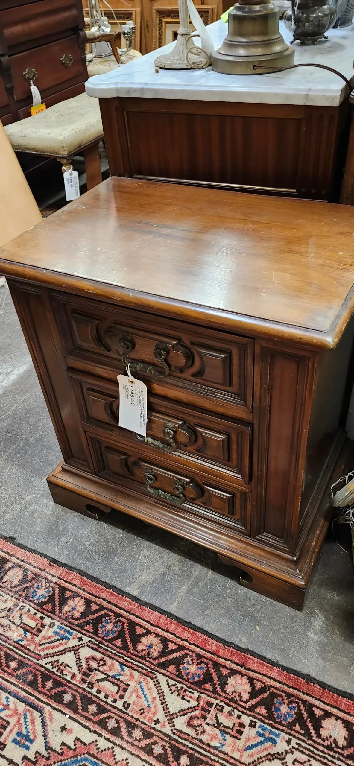 Paneled Front 3 Drawer Italian Walnut Small Chest 1