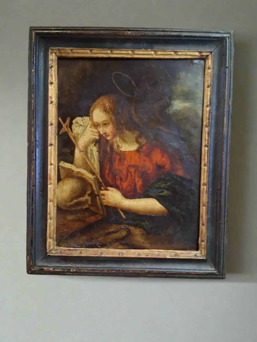 Early Small Religious Oil Painting On Copper Of Mary Magdaline Holding A Cross 1