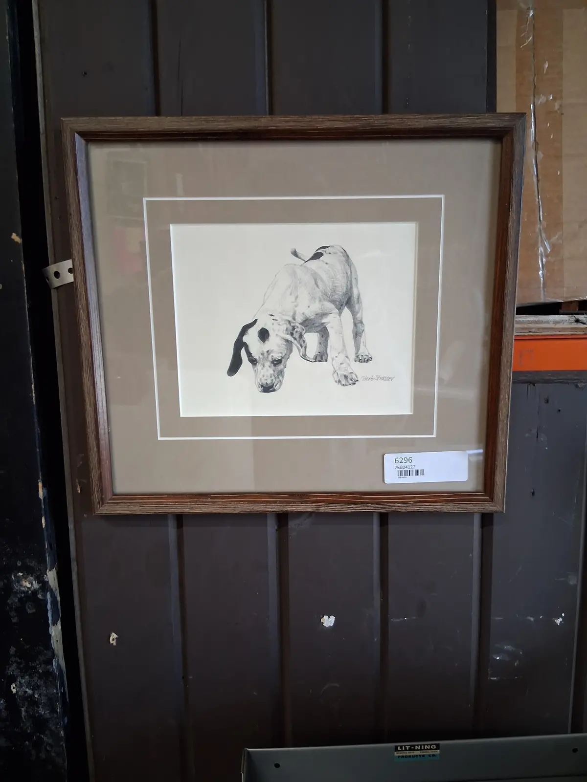 Framed Pencil Drawing Of Beagle Signed Herb Strasser 1