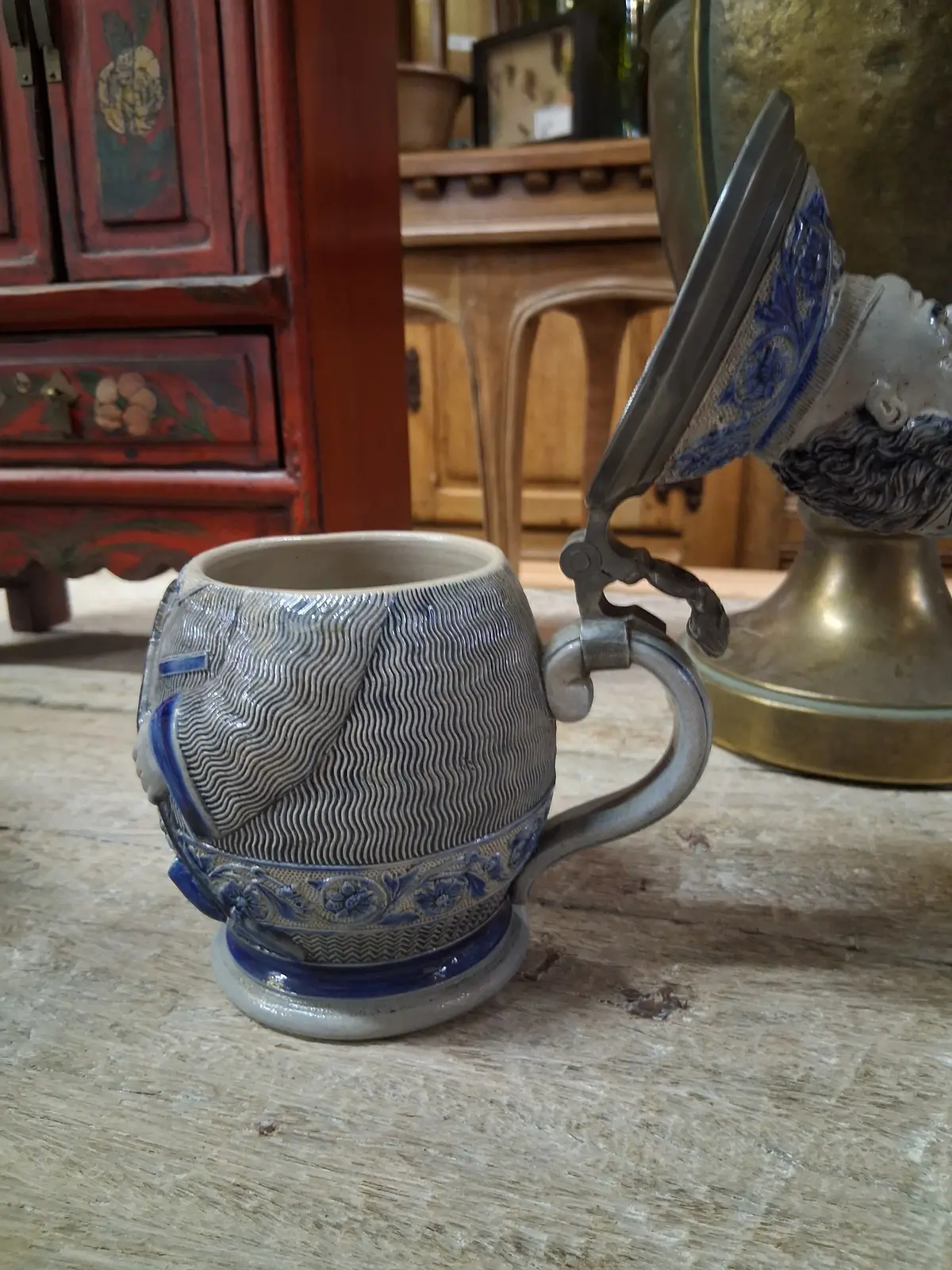 Small Grey And Blue German Stein With Figural Lid 1