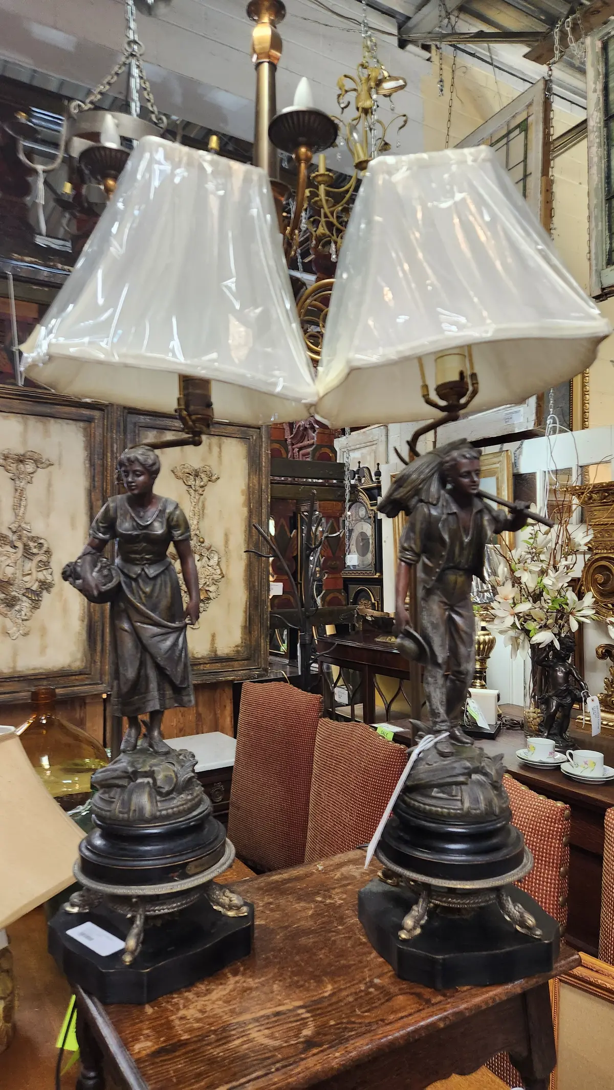 Pair Of Spelter Figural Farmers Lamps 1