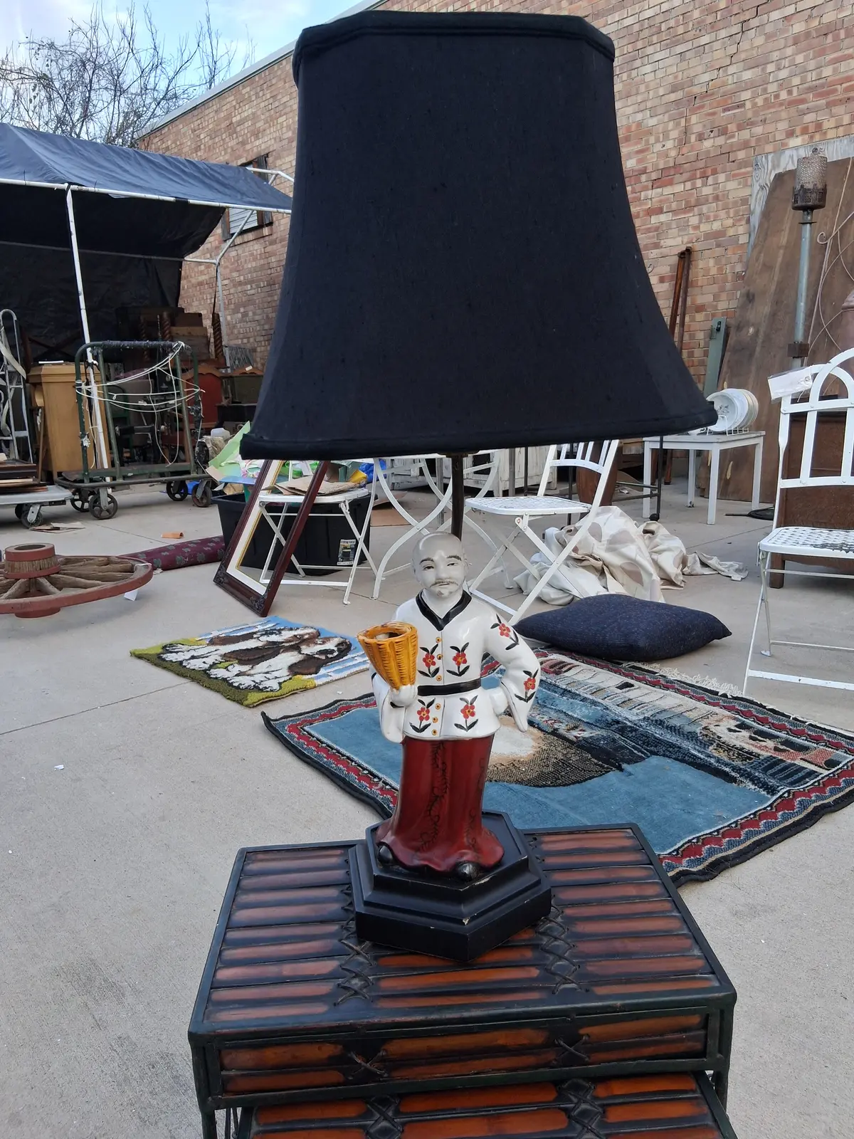 Chinese Figural Lamp With Black Pagoda Shade 1