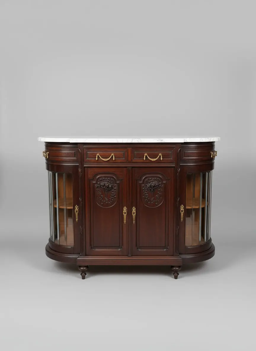 Louis Xvi White Marble Top Curved Server With Glass Doors 1