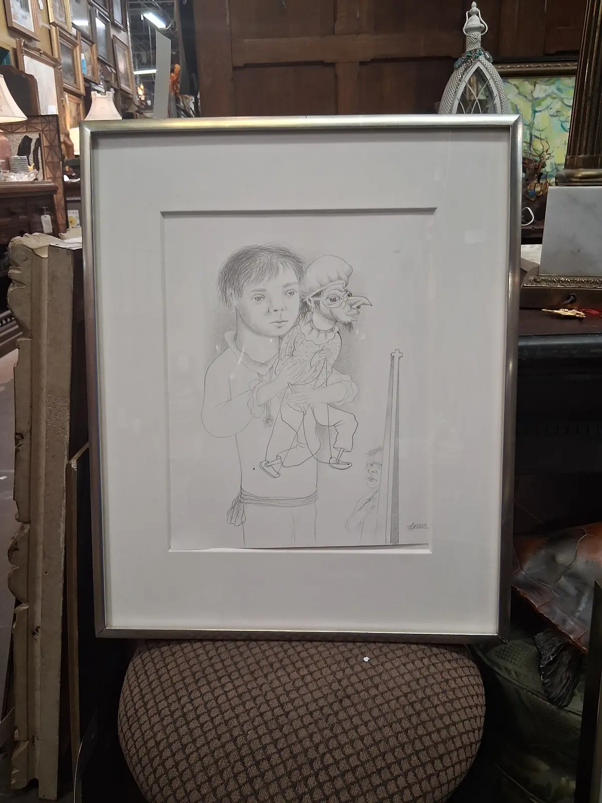 Framed Drawing Of A Boy With A Marionette Manuel Ayso 1