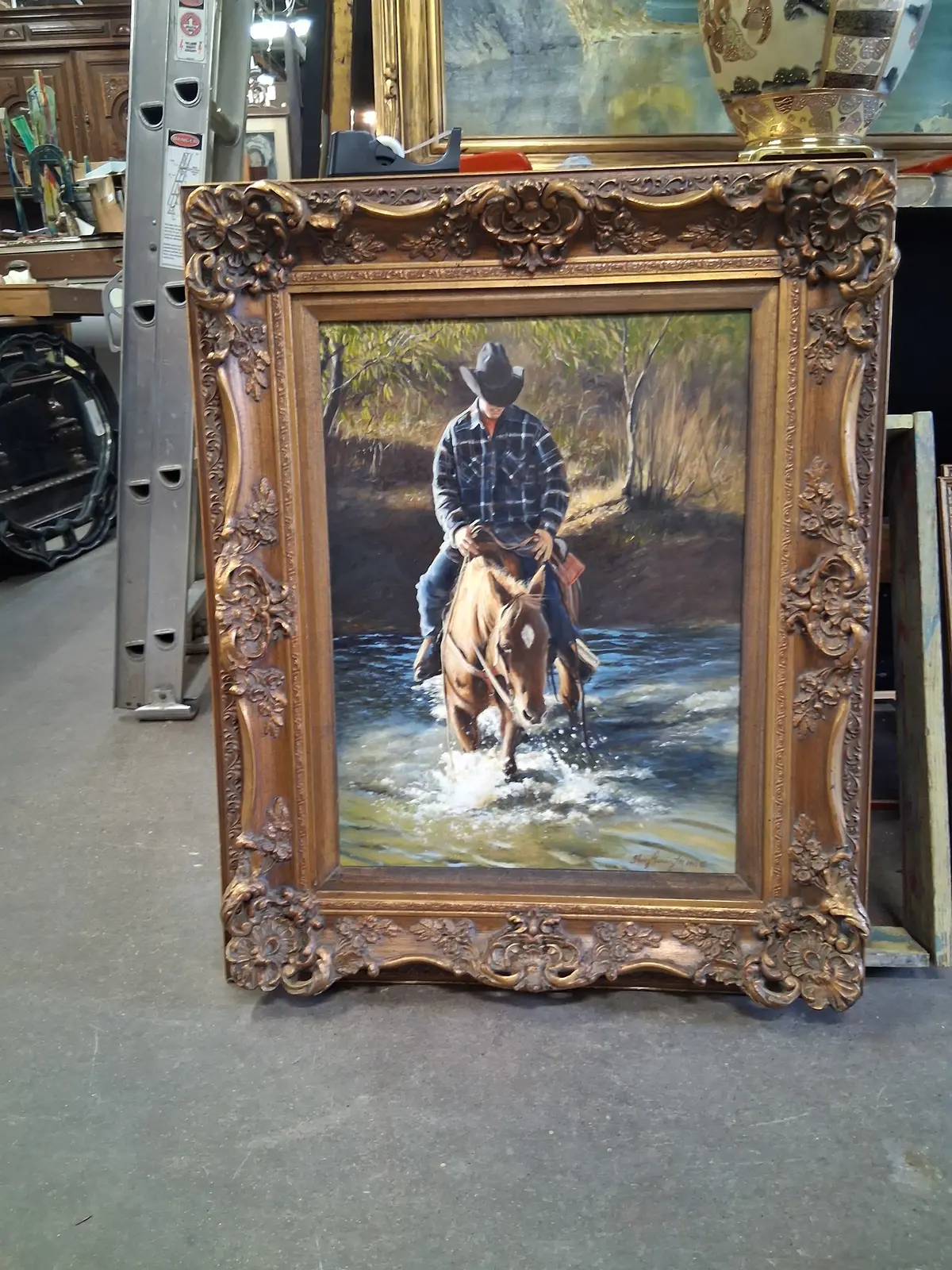 Framed Oil Painting Of A Horse Rider Crossing A Stream - Signed Sherry Herrington 1995 1