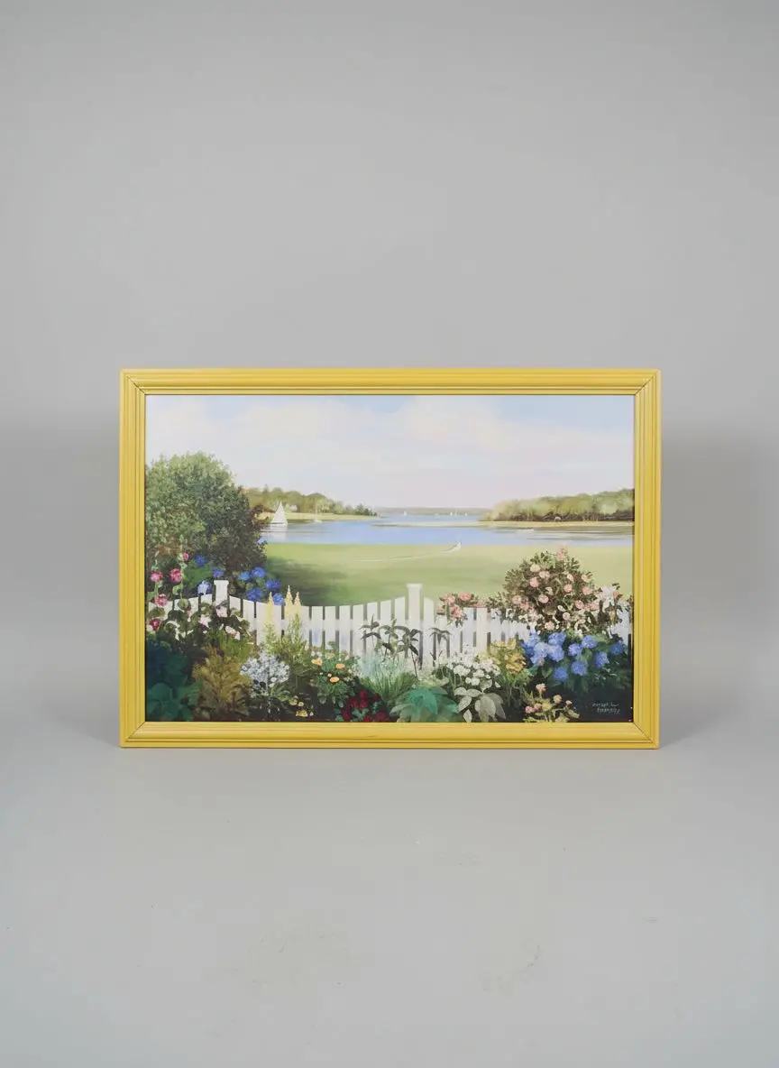 Large Yellow Framed Landscape Oil Painting With A White Pickett Fence-Signed Jacqueline Penny 1