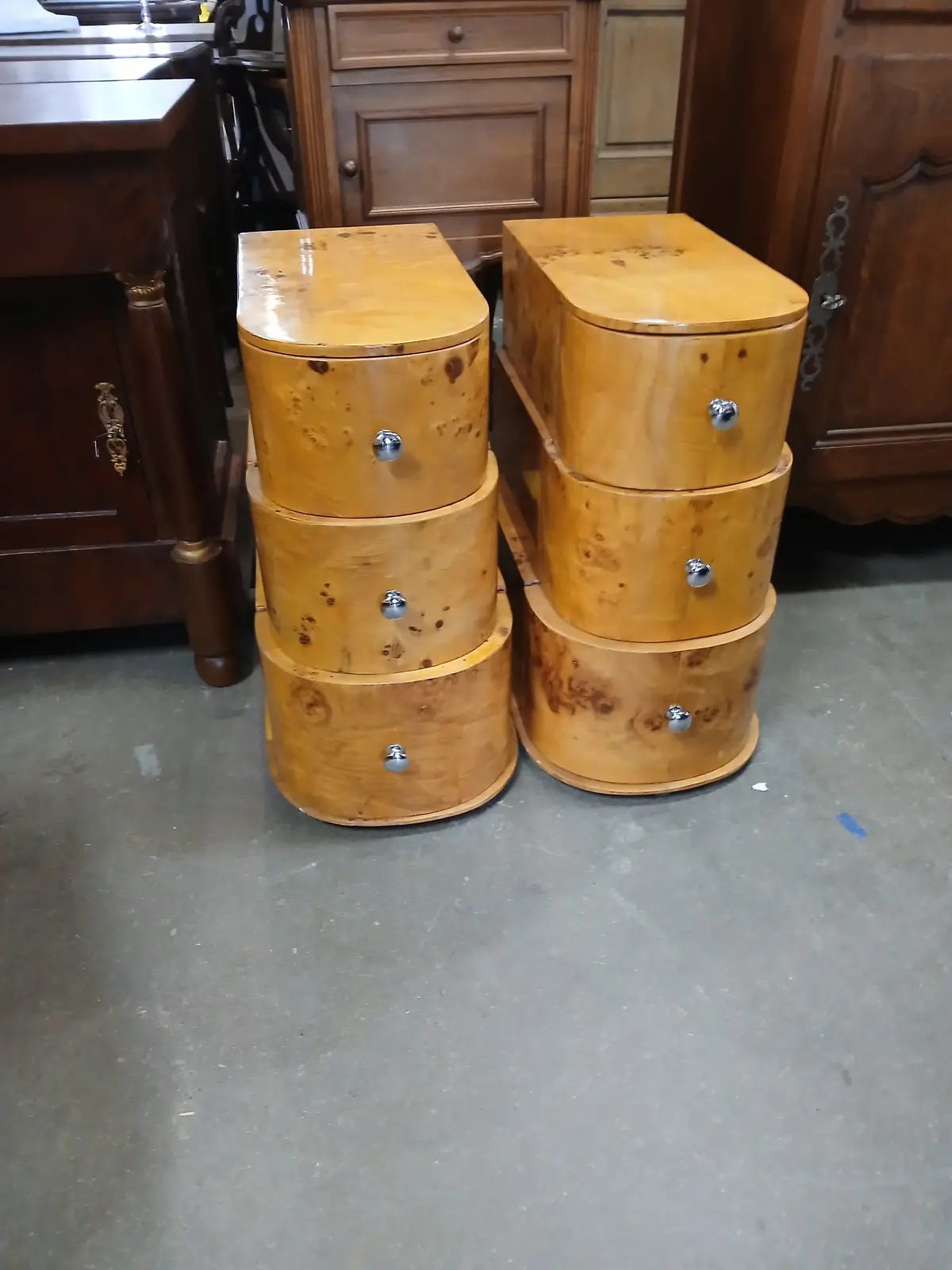Pair Of Small Art Deco Birdseye Maple 3 Drawer Curved Chests 1