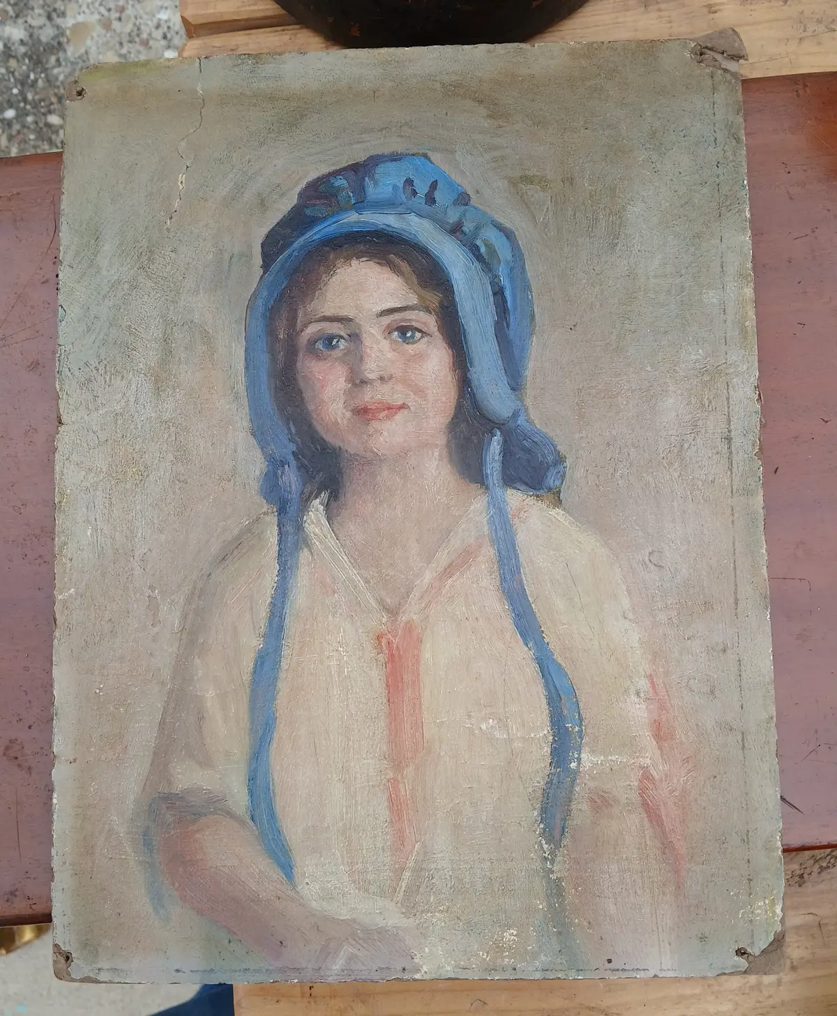 Small Oil Painting Of Girl In Blue Bonnet 1