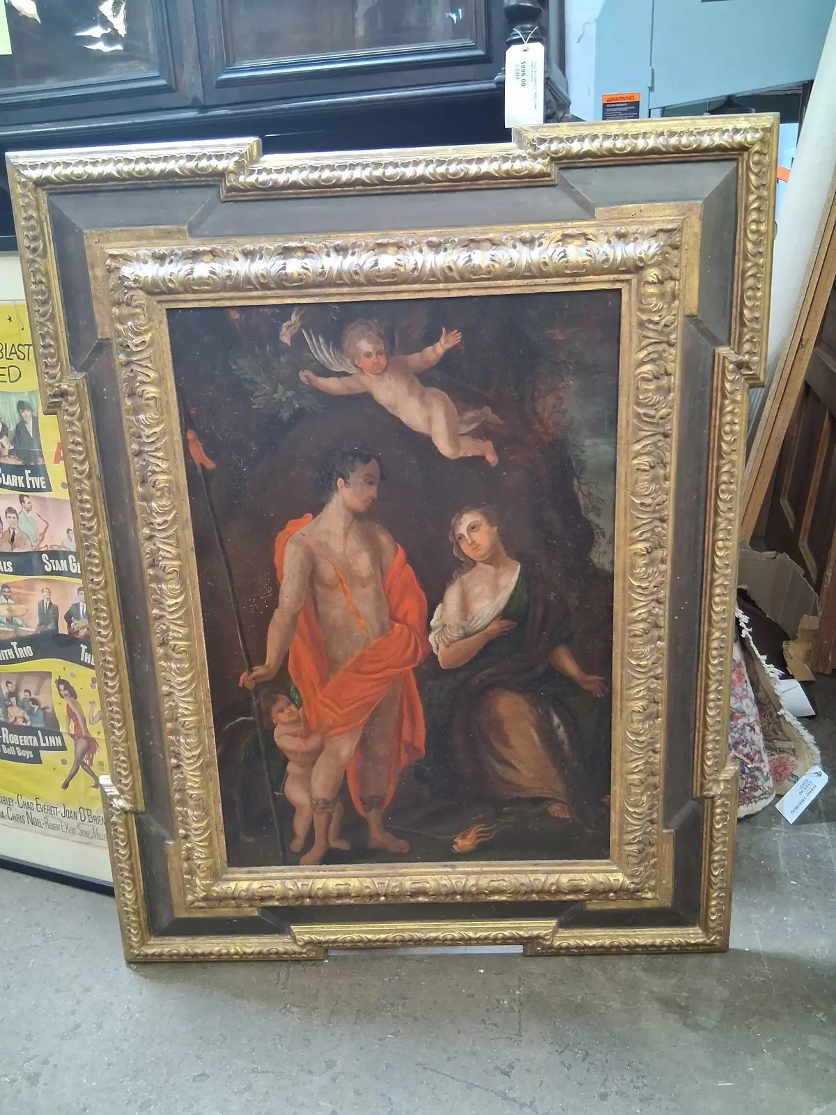 Large Framed 18Th Century Religious Oil Painting With Cherub 1