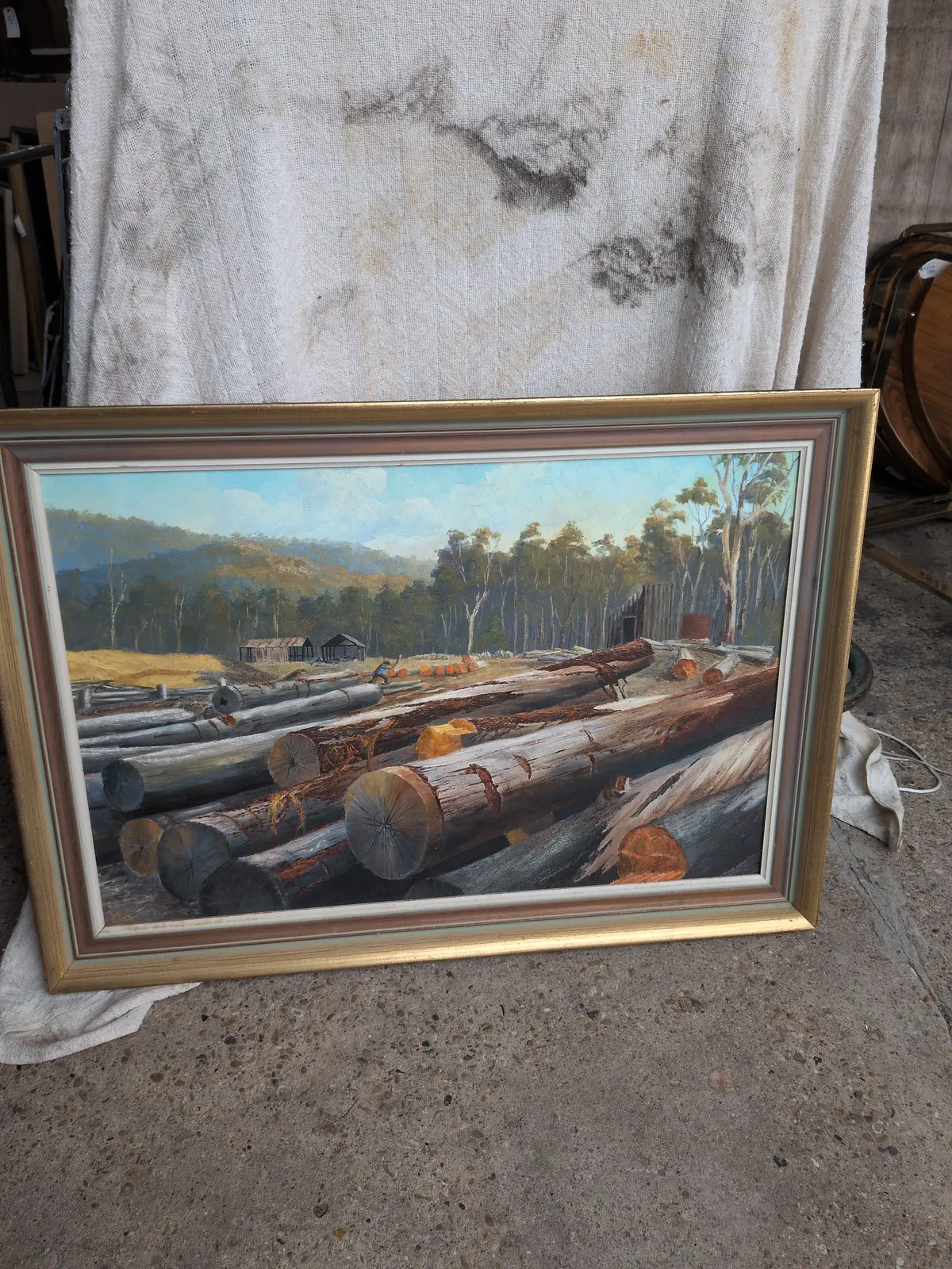 Framed Oil Painting On Board Of A Logging Camp Signed Denise Hardt 1