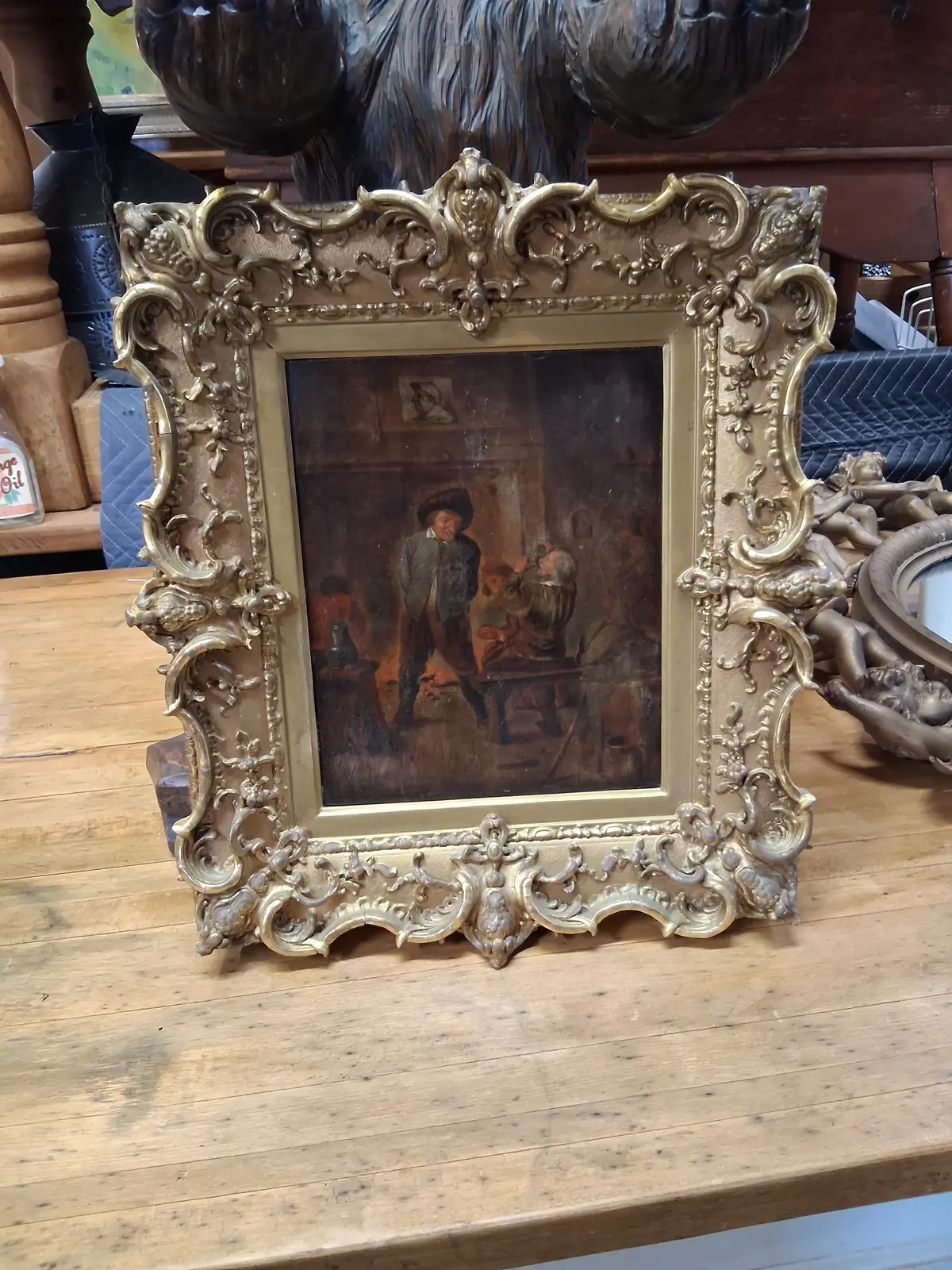 Ornately Framed Oil Painting Of Men In A Tavern 1